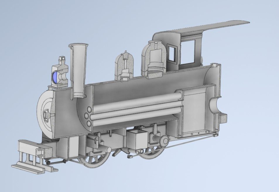 CAD cutaway of a live steam tank locomotive showing boiler internals
